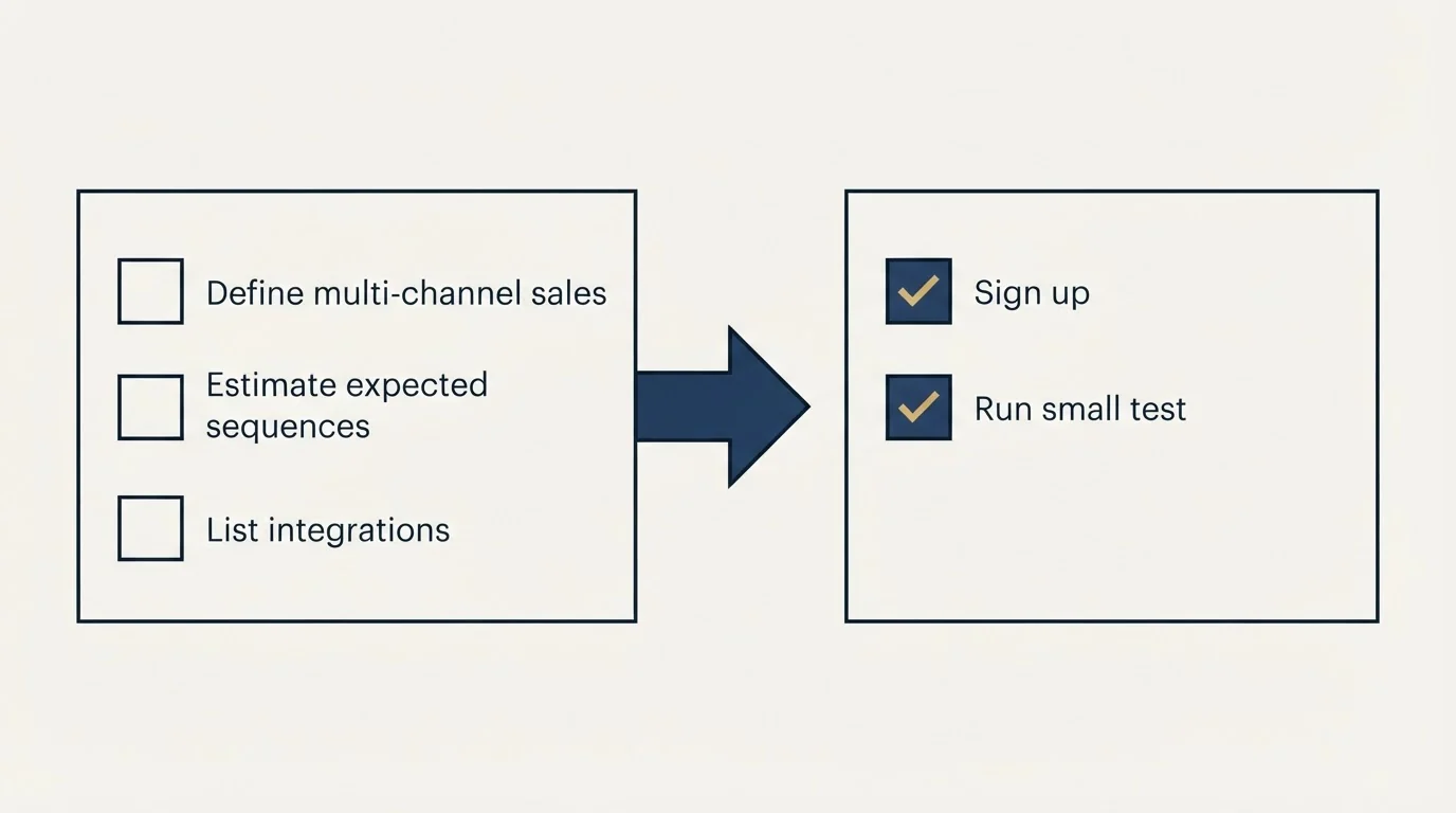 Before-and-after steps: Getting Started Checklist (Define multi-channel sales, Estimate expected sequences, List integrations, Sign up)