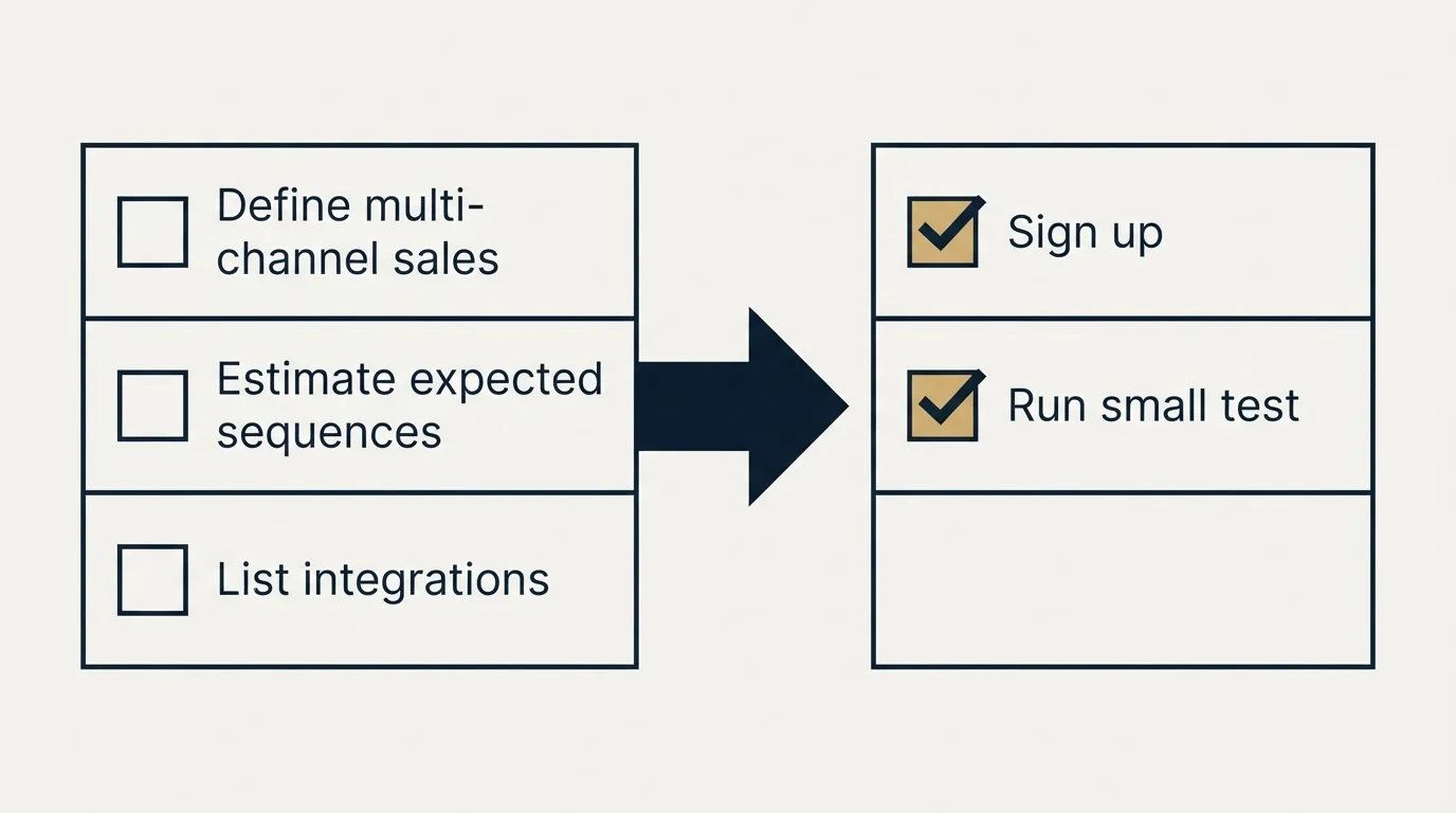 Before-and-after steps: Getting Started Checklist (Define multi-channel sales, Estimate expected sequences, List integrations, Sign up)