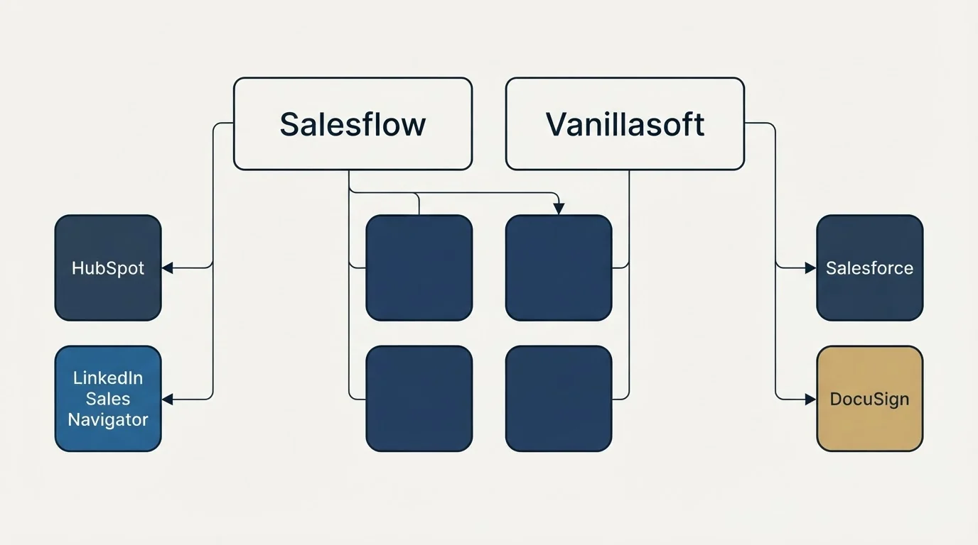 Integration grid: Integration Ecosystem (Salesflow, Vanillasoft, HubSpot, Salesforce)