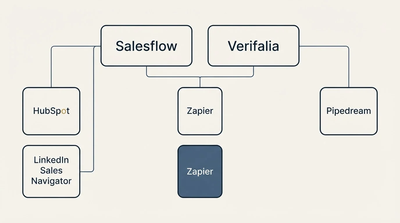 Integration grid: Integration Ecosystem (Salesflow, Verifalia, Zapier, HubSpot)