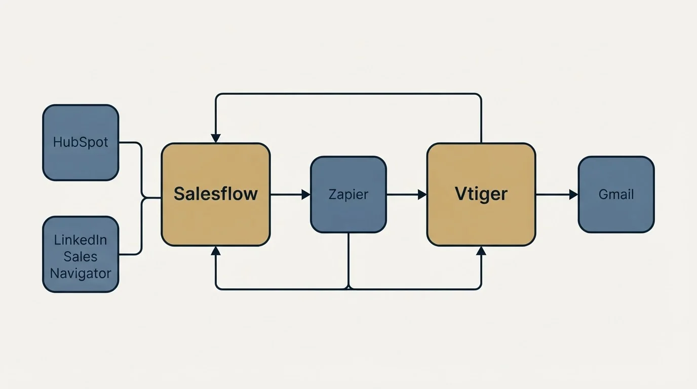 Integration schematic: Integration Ecosystem (Salesflow, Vtiger, Zapier, HubSpot)