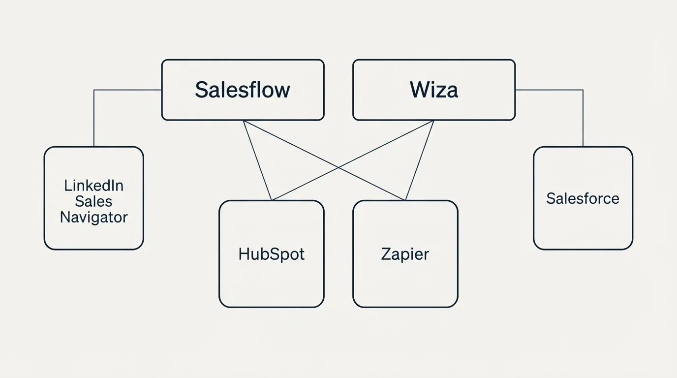 Integration grid: Integration Ecosystem (Salesflow, Wiza, HubSpot, Zapier)