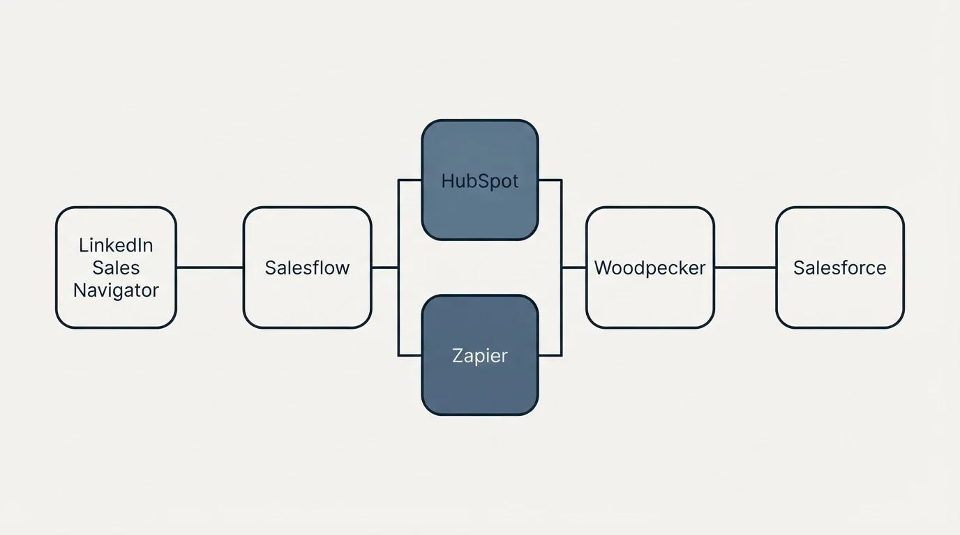 Integration flow: Integration Ecosystem (Salesflow, Woodpecker, HubSpot, Zapier)