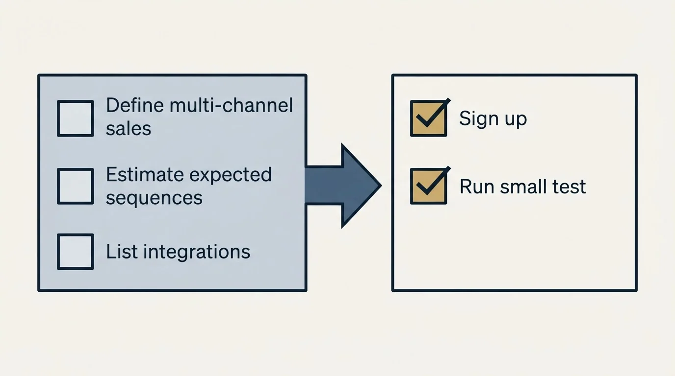 Before-and-after steps: Getting Started Checklist (Define multi-channel sales, Estimate expected sequences, List integrations, Sign up)