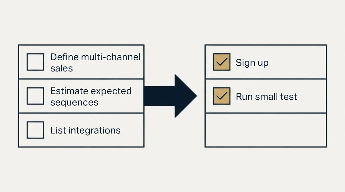 Before-and-after steps: Getting Started Checklist (Define multi-channel sales, Estimate expected sequences, List integrations, Sign up)