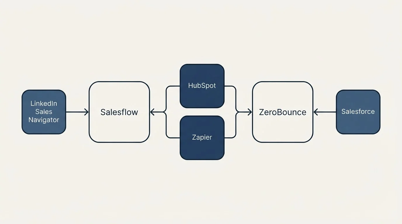 Integration schematic: Integration Ecosystem (Salesflow, ZeroBounce, HubSpot, Zapier)