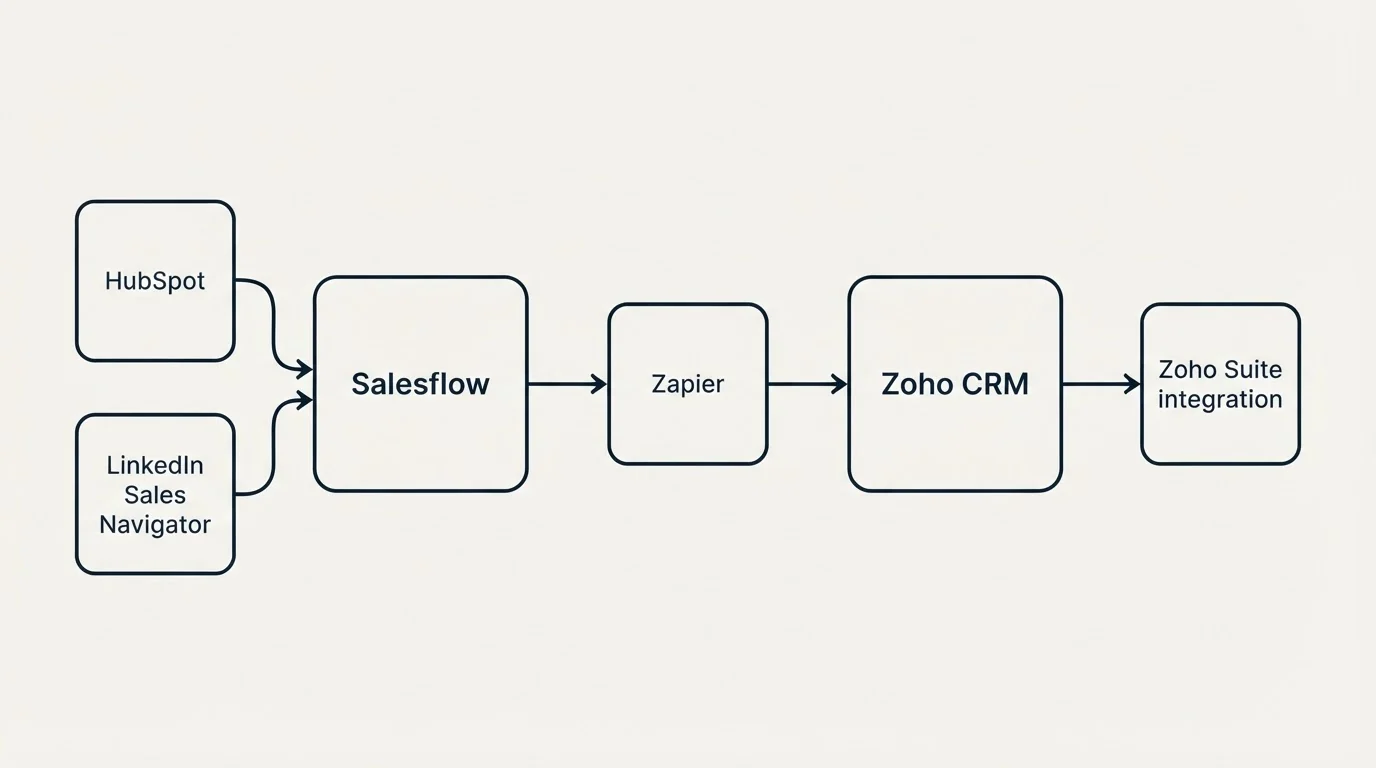 Integration schematic: Integration Ecosystem (Salesflow, Zoho CRM, Zapier, HubSpot)