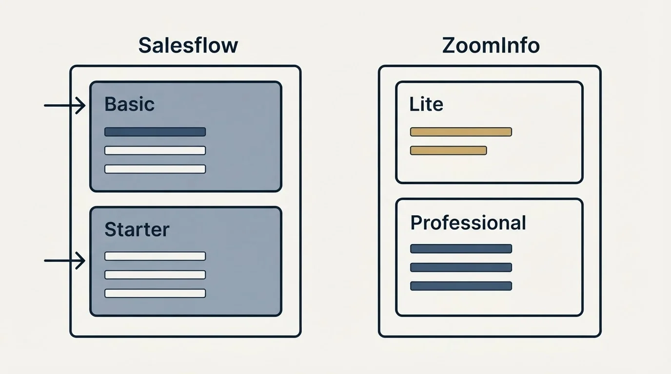 Pricing panels: Pricing Comparison (Salesflow, ZoomInfo, Basic, Lite)