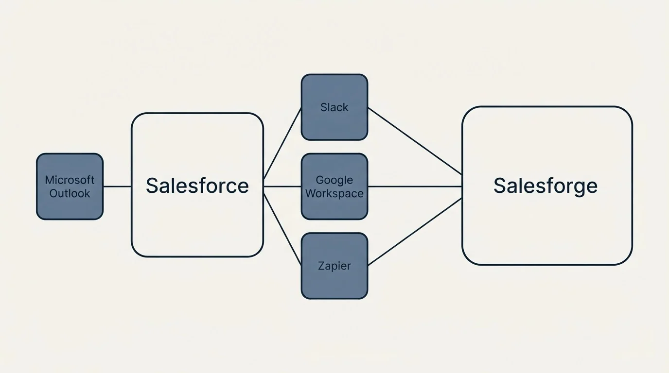 Integration schematic: Integration Ecosystem (Salesforce, Salesforge, Slack, Google Workspace)