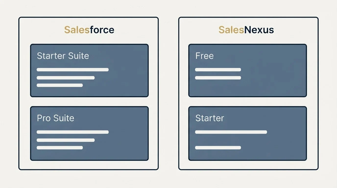 Pricing panels: Pricing Comparison (Salesforce, SalesNexus, Starter Suite, Free)