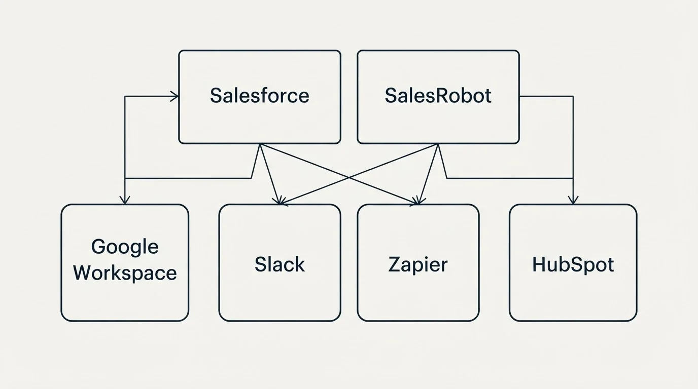 Integration grid: Integration Ecosystem (Salesforce, SalesRobot, Slack, Zapier)