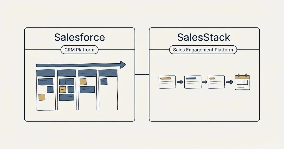 Side-by-side panels: Salesforce vs SalesStack (CRM Platform, Sales Engagement Platform)
