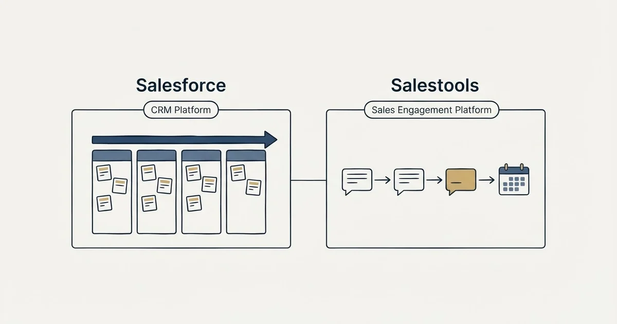Side-by-side panels: Salesforce vs Salestools (CRM Platform, Sales Engagement Platform)