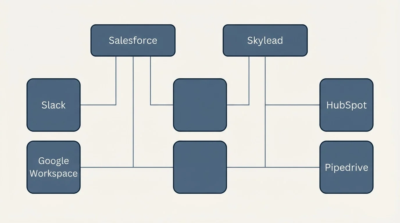 Integration grid: Integration Ecosystem (Salesforce, Skylead, Slack, HubSpot)