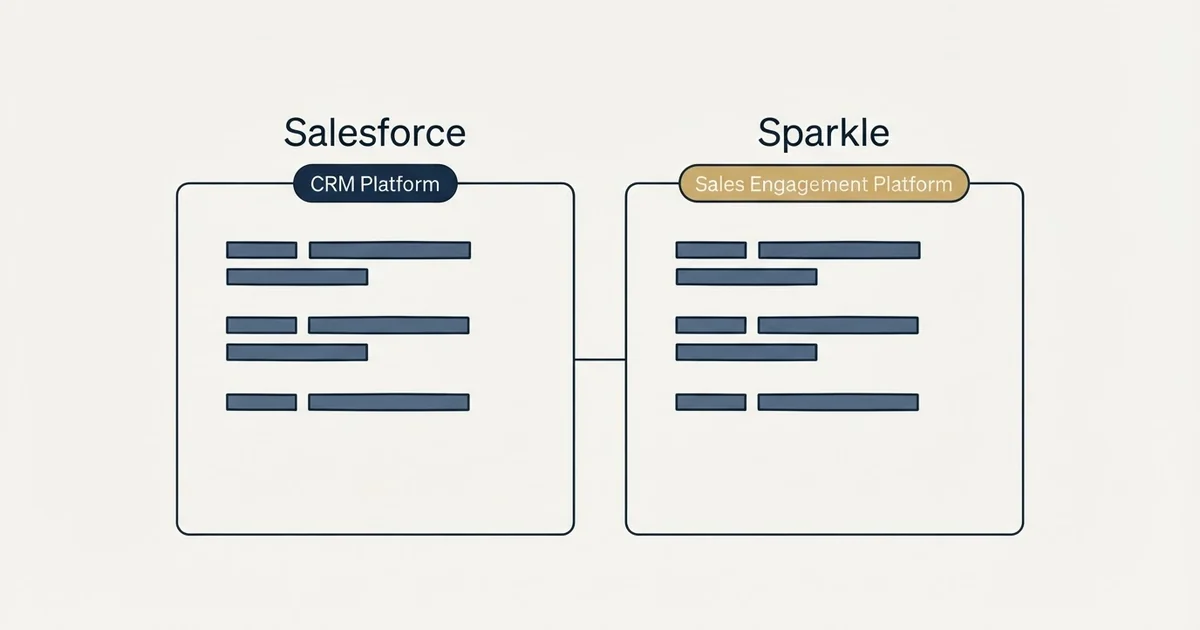 Side-by-side panels: Salesforce vs Sparkle (CRM Platform, Sales Engagement Platform)