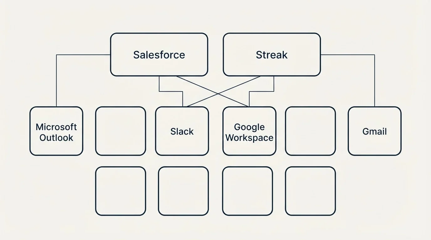 Integration grid: Integration Ecosystem (Salesforce, Streak, Slack, Google Workspace)