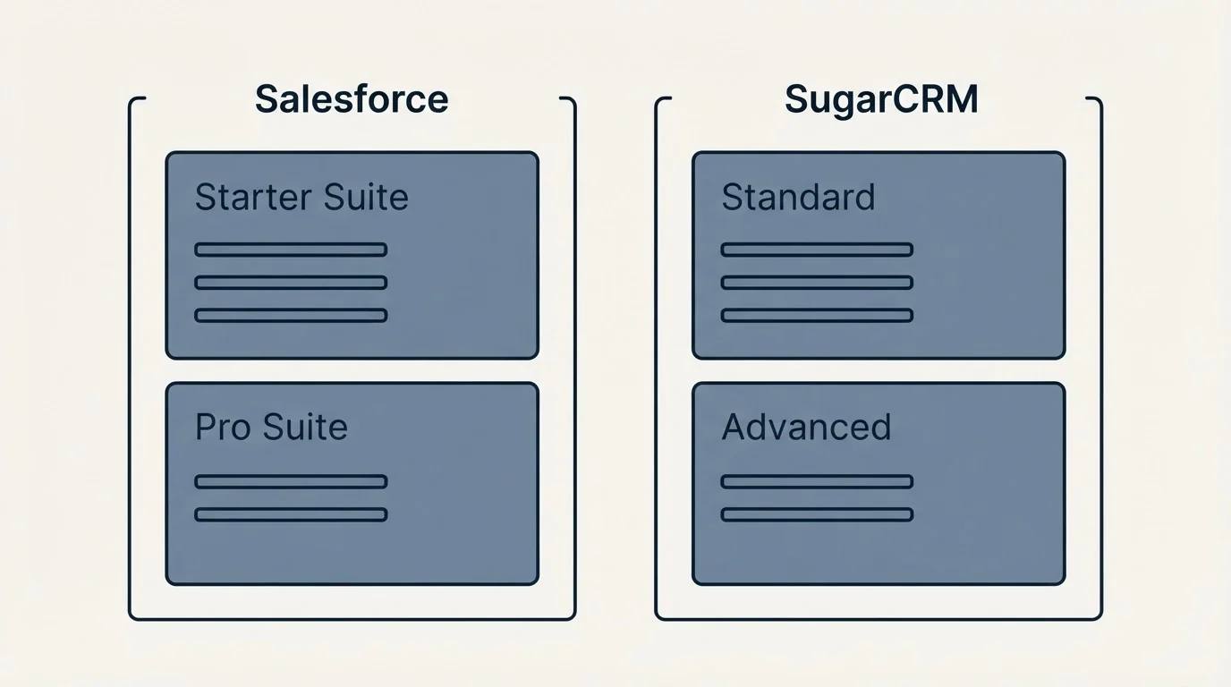 Pricing panels: Pricing Comparison (Salesforce, SugarCRM, Starter Suite, Standard)