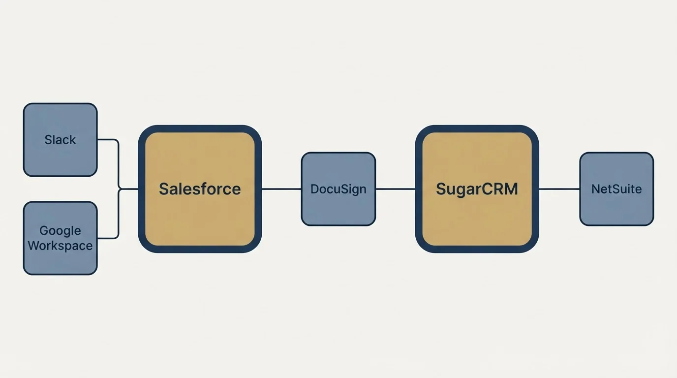 Integration flow: Integration Ecosystem (Salesforce, SugarCRM, DocuSign, Slack)