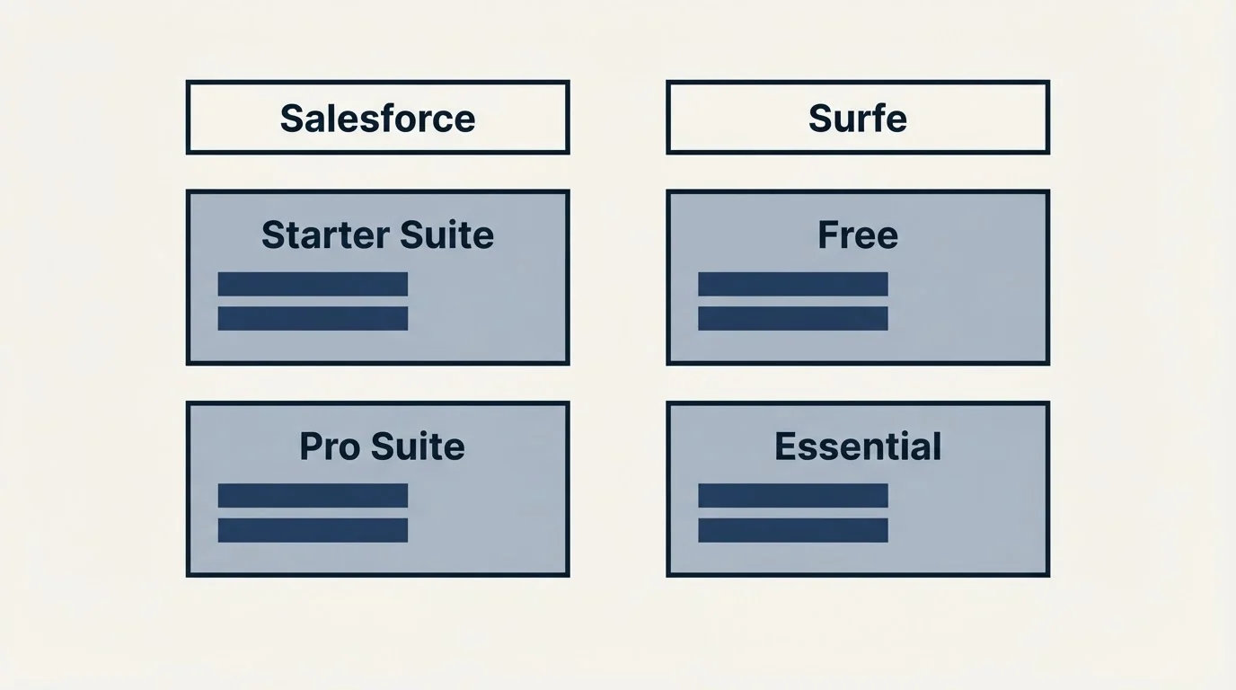 Pricing table: Pricing Comparison (Salesforce, Surfe, Starter Suite, Free)