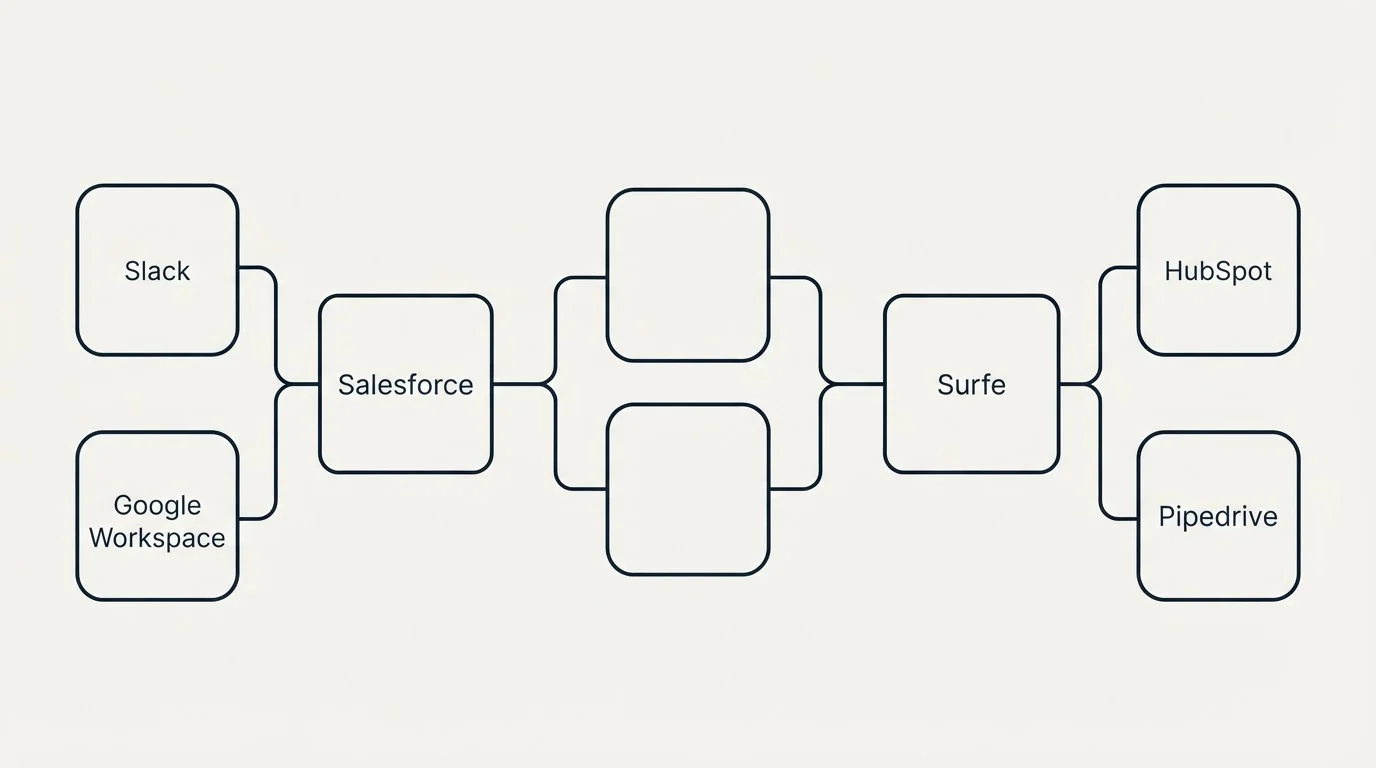 Integration schematic: Integration Ecosystem (Salesforce, Surfe, Slack, HubSpot)