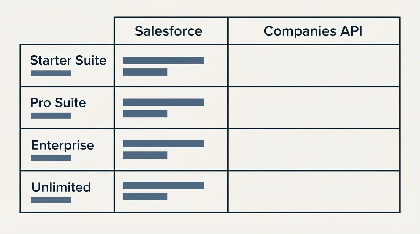 Pricing table: Pricing Comparison (Salesforce, Companies API, Starter Suite, Pro Suite)