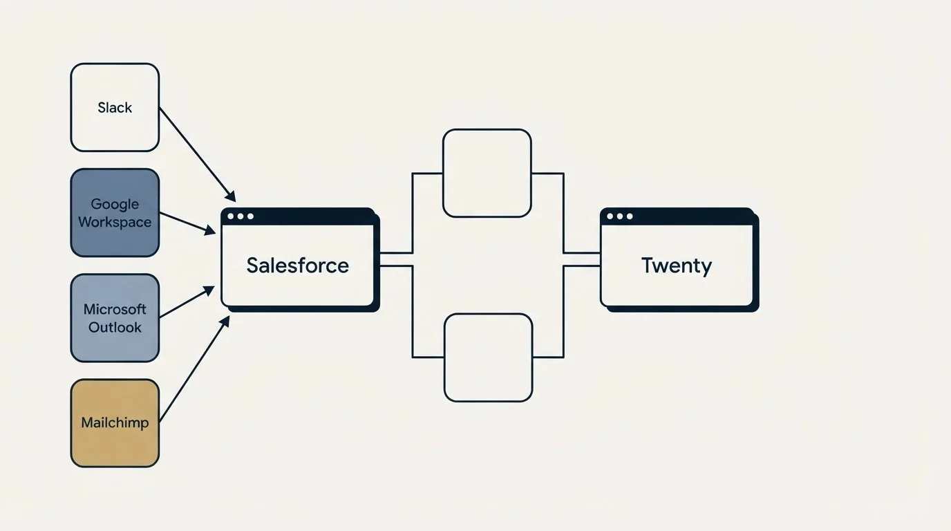 Integration flow: Integration Ecosystem (Salesforce, Twenty, Slack, Google Workspace)