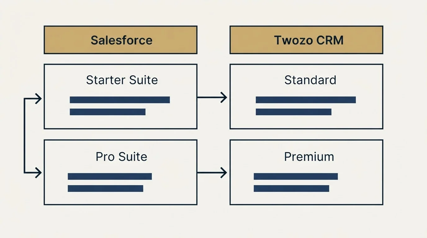 Pricing table: Pricing Comparison (Salesforce, Twozo CRM, Starter Suite, Standard)