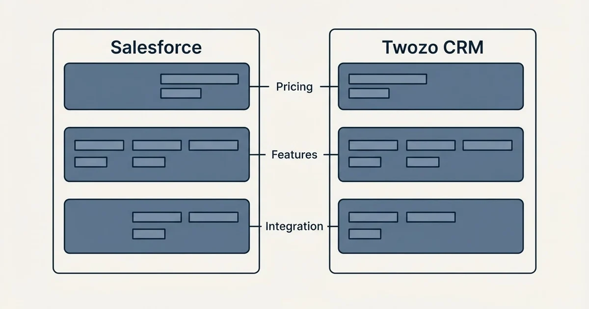 Comparison panel: Salesforce vs Twozo CRM (Pricing, Features, Integration)