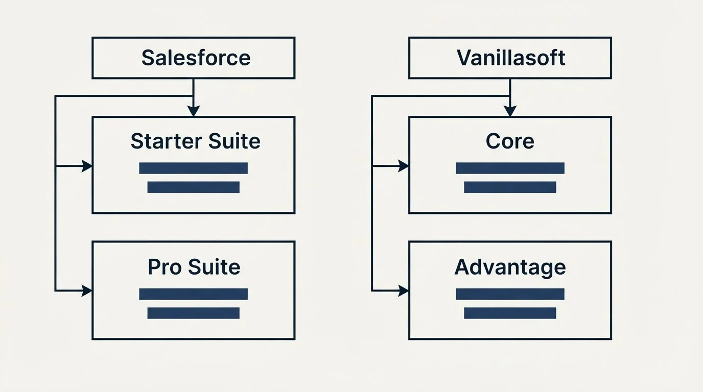 Pricing table: Pricing Comparison (Salesforce, Vanillasoft, Starter Suite, Core)