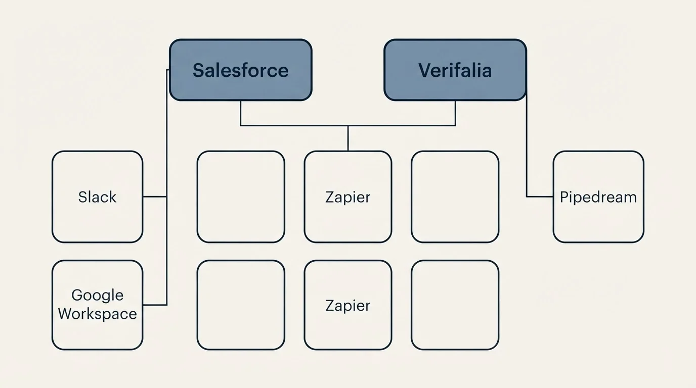 Integration grid: Integration Ecosystem (Salesforce, Verifalia, Zapier, Slack)