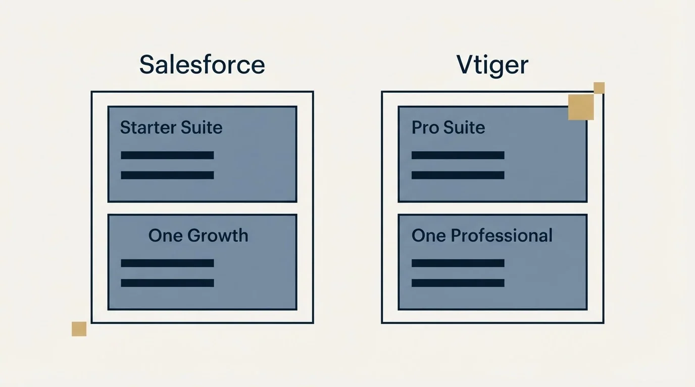 Pricing panels: Pricing Comparison (Salesforce, Vtiger, Starter Suite, One Growth)