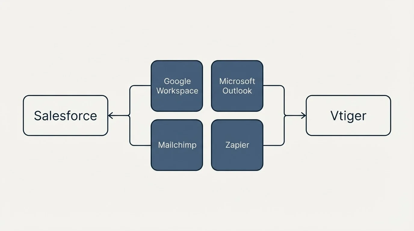 Integration schematic: Integration Ecosystem (Salesforce, Vtiger, Google Workspace, Microsoft Outlook)