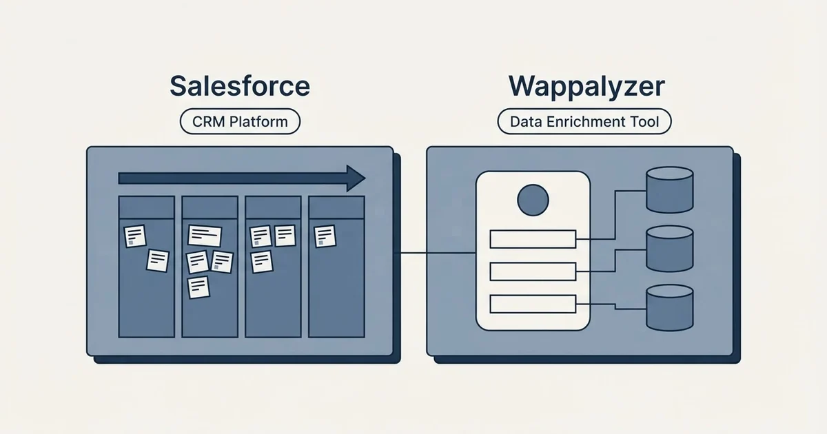 Side-by-side panels: Salesforce vs Wappalyzer (CRM Platform, Data Enrichment Tool)