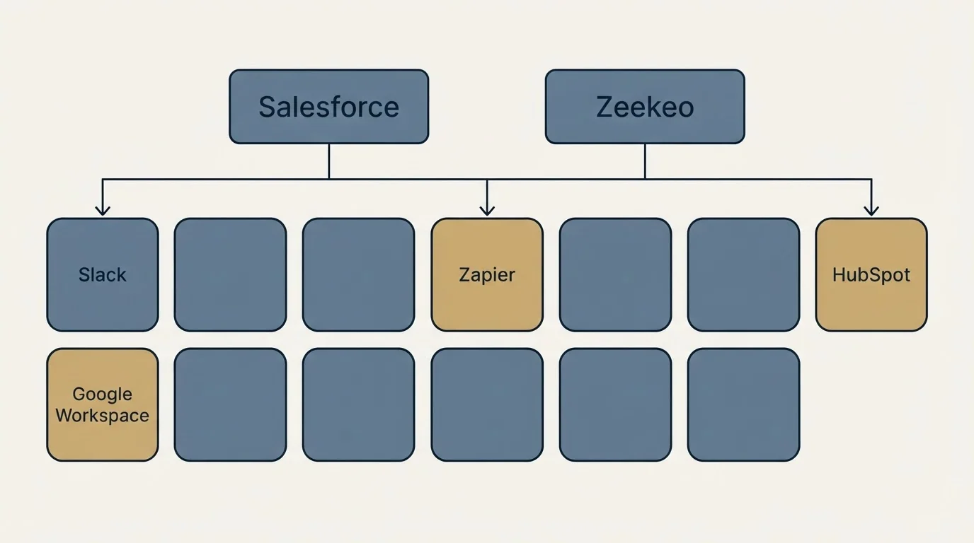 Integration grid: Integration Ecosystem (Salesforce, Zeekeo, Zapier, Slack)
