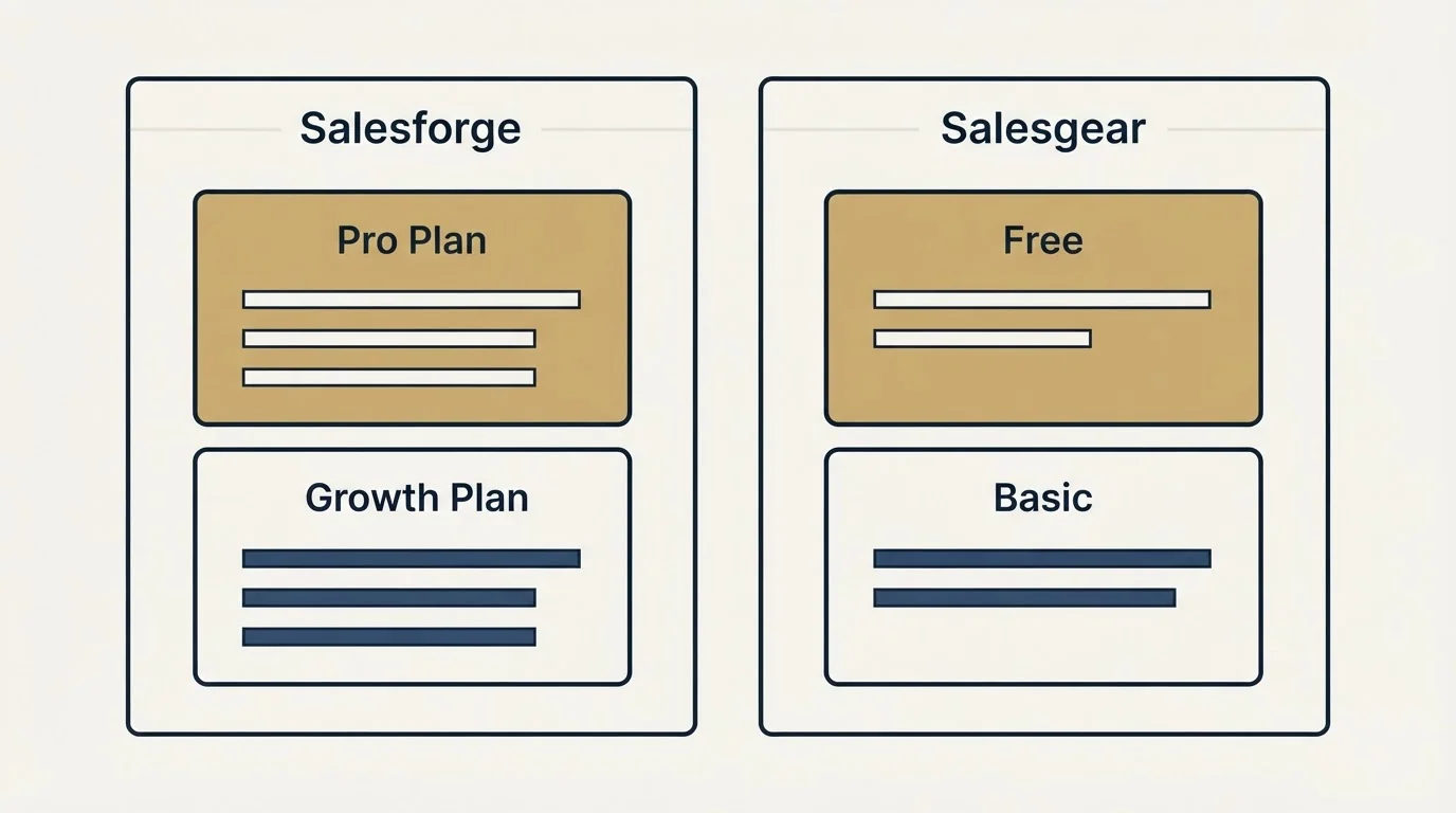 Pricing panels: Pricing Comparison (Salesforge, Salesgear, Pro Plan, Free)
