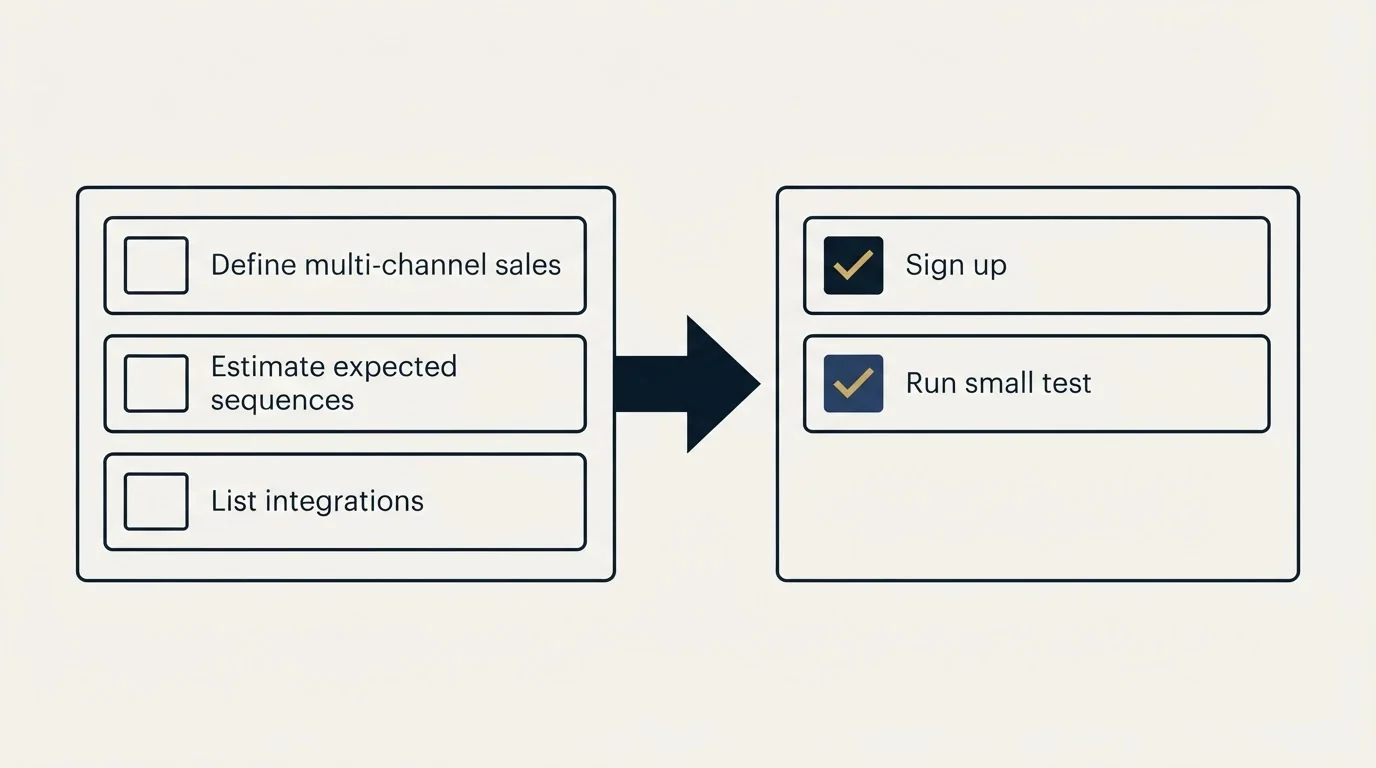 Before-and-after steps: Getting Started Checklist (Define multi-channel sales, Estimate expected sequences, List integrations, Sign up)
