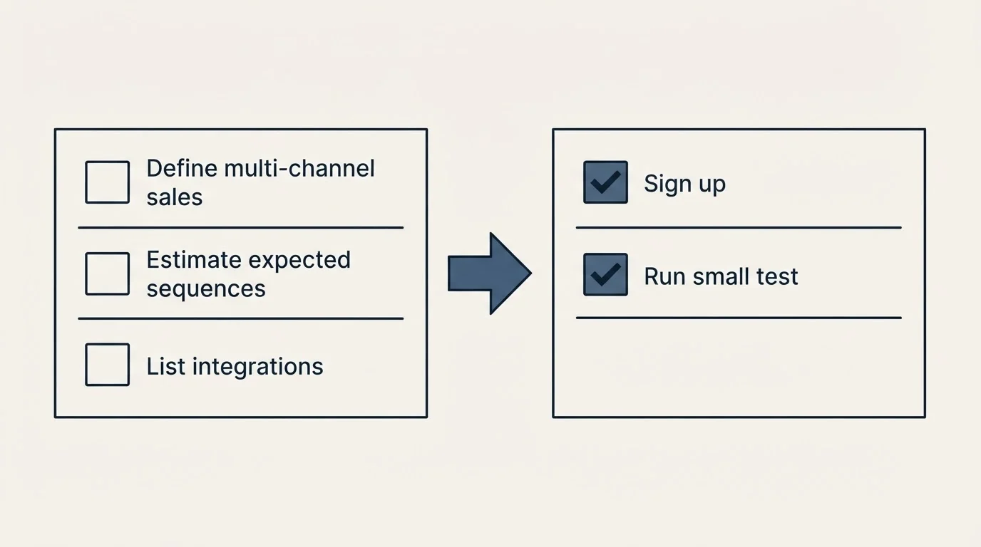 Before-and-after steps: Getting Started Checklist (Define multi-channel sales, Estimate expected sequences, List integrations, Sign up)
