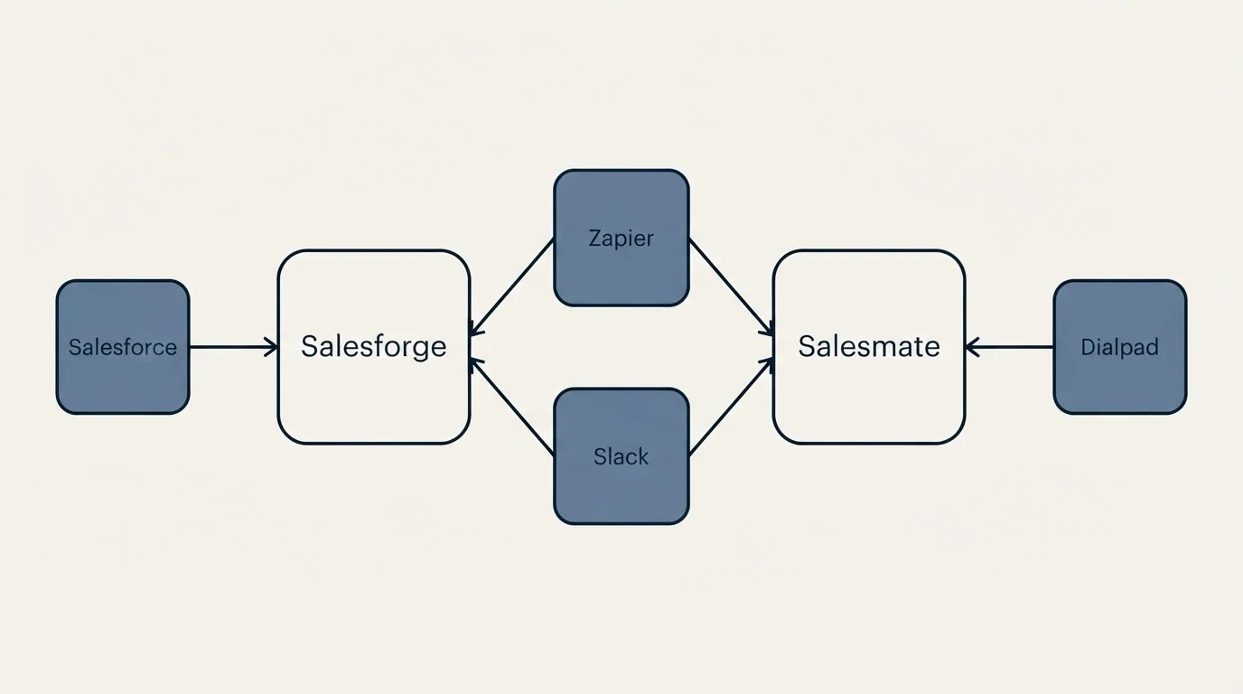 Integration schematic: Integration Ecosystem (Salesforge, Salesmate, Zapier, Slack)