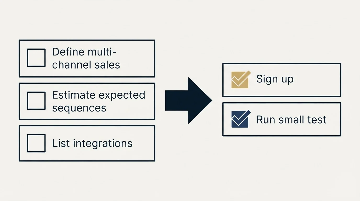 Before-and-after steps: Getting Started Checklist (Define multi-channel sales, Estimate expected sequences, List integrations, Sign up)