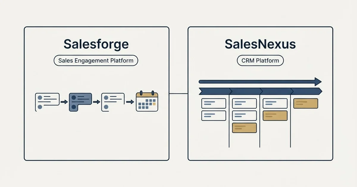 Side-by-side panels: Salesforge vs SalesNexus (Sales Engagement Platform, CRM Platform)