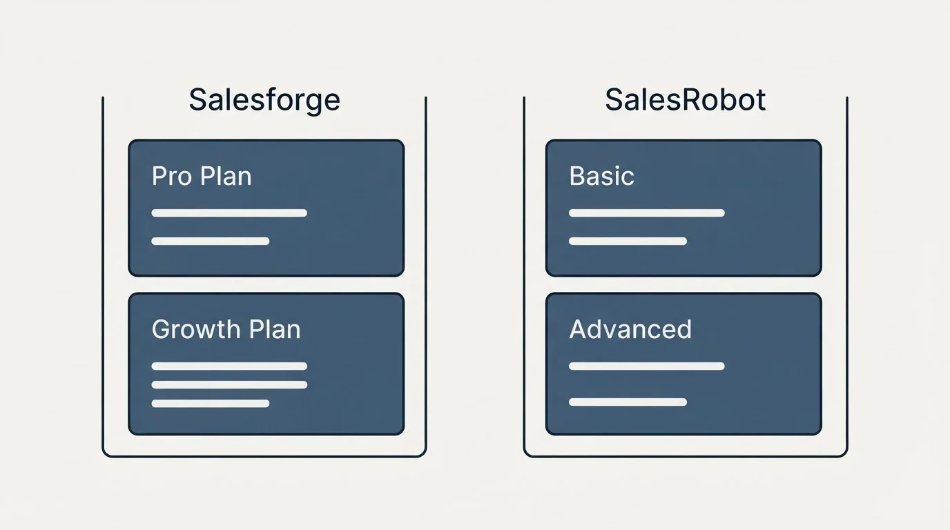 Pricing panels: Pricing Comparison (Salesforge, SalesRobot, Pro Plan, Basic)