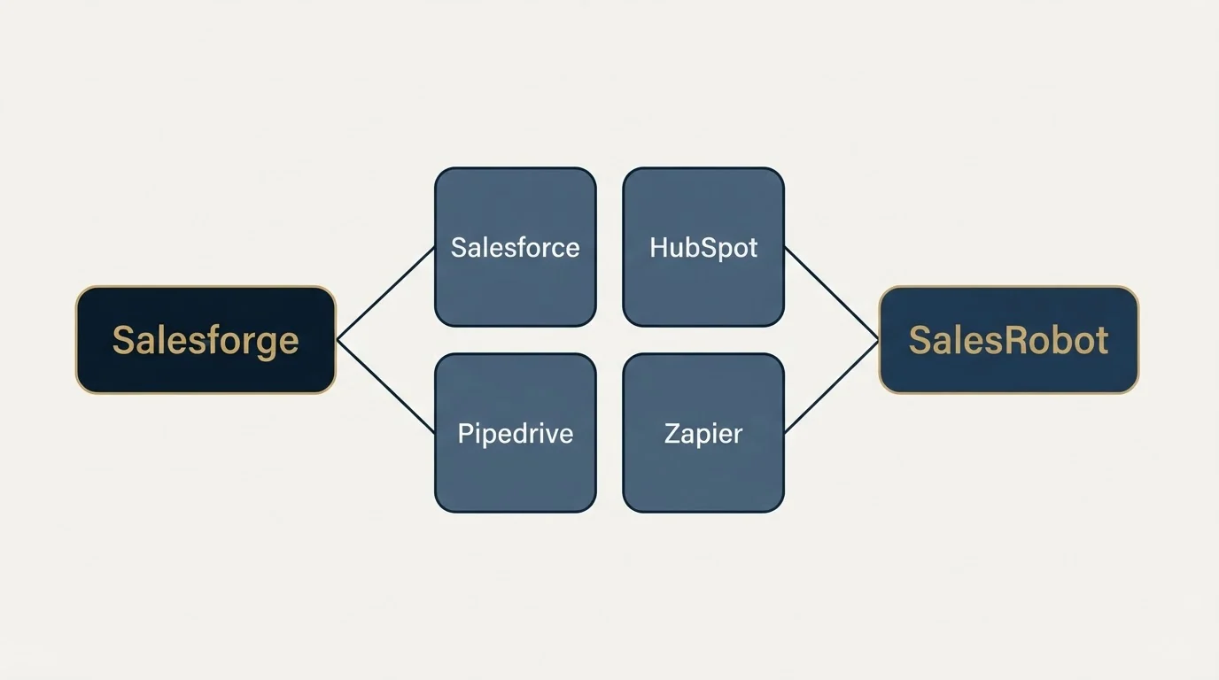 Integration schematic: Integration Ecosystem (Salesforge, SalesRobot, Salesforce, HubSpot)