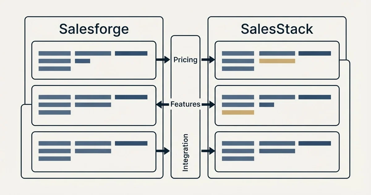 Comparison panel: Salesforge vs SalesStack (Pricing, Features, Integration)