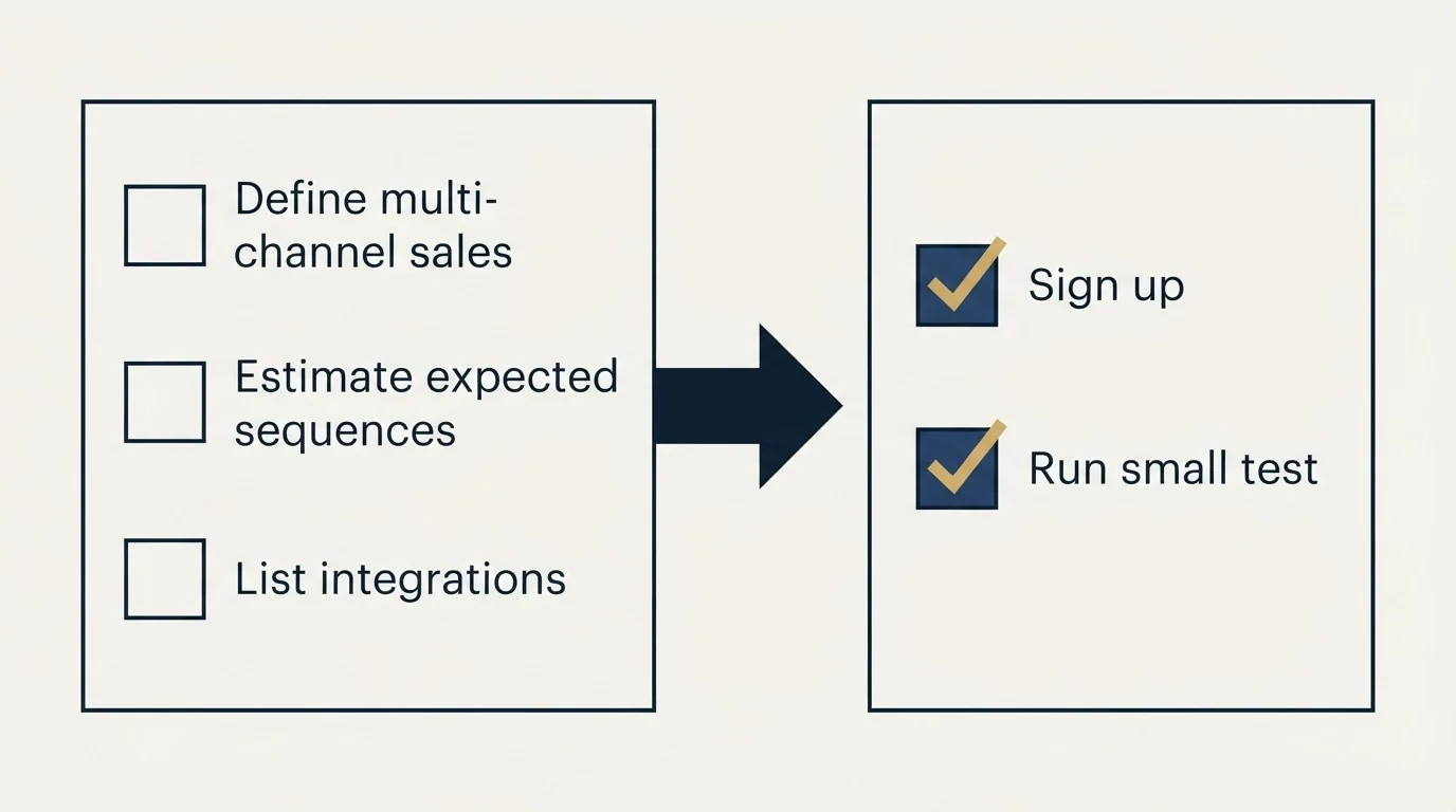 Before-and-after steps: Getting Started Checklist (Define multi-channel sales, Estimate expected sequences, List integrations, Sign up)