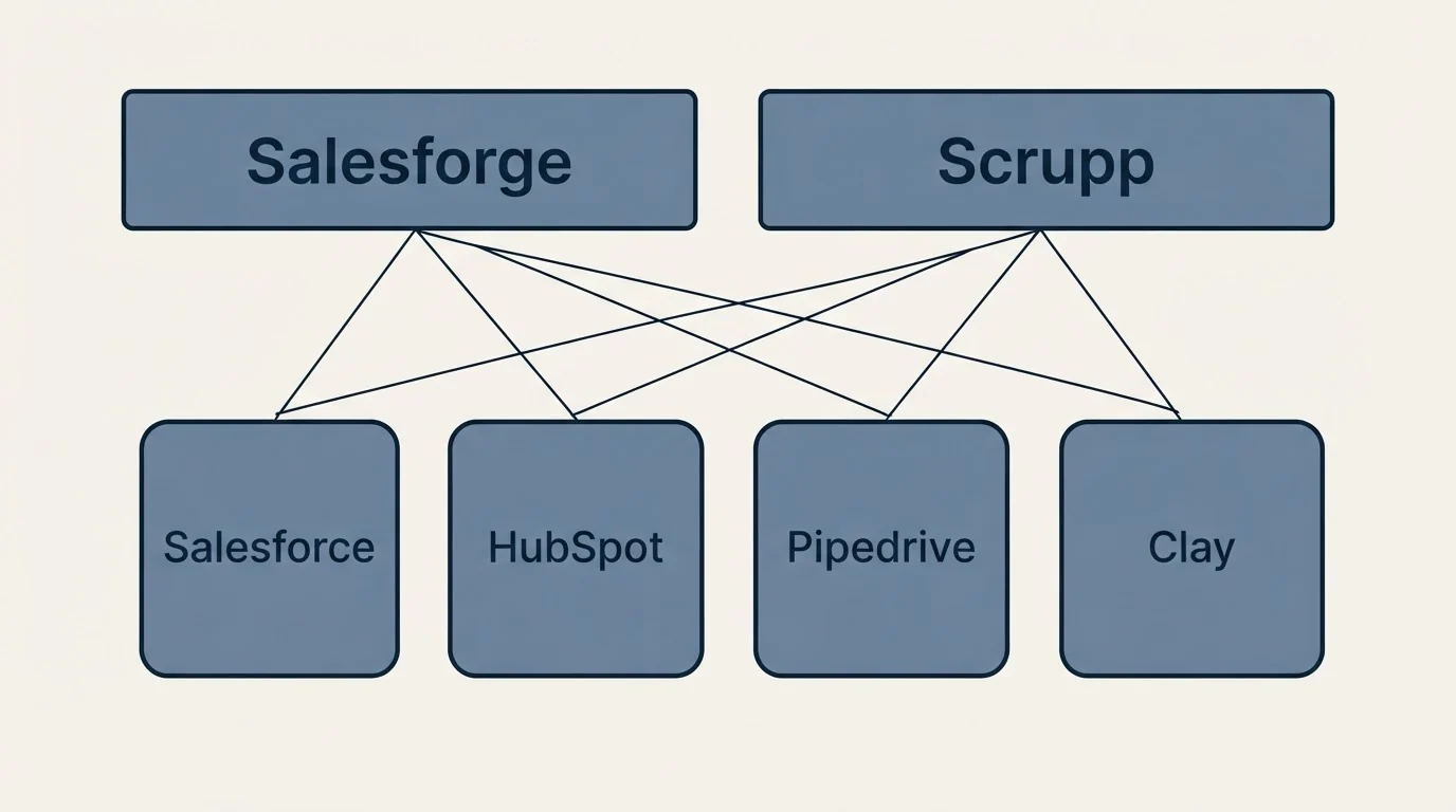 Integration grid: Integration Ecosystem (Salesforge, Scrupp, Salesforce, HubSpot)