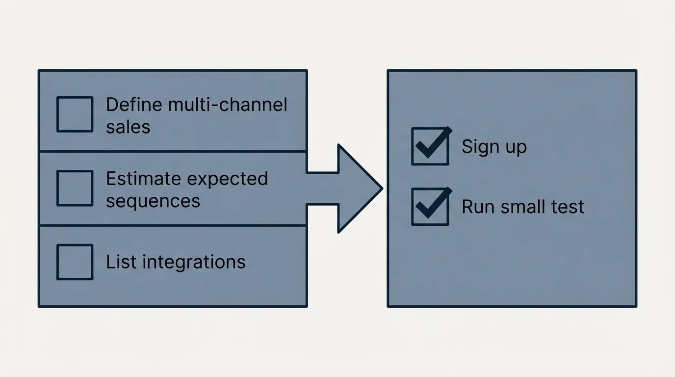 Before-and-after steps: Getting Started Checklist (Define multi-channel sales, Estimate expected sequences, List integrations, Sign up)