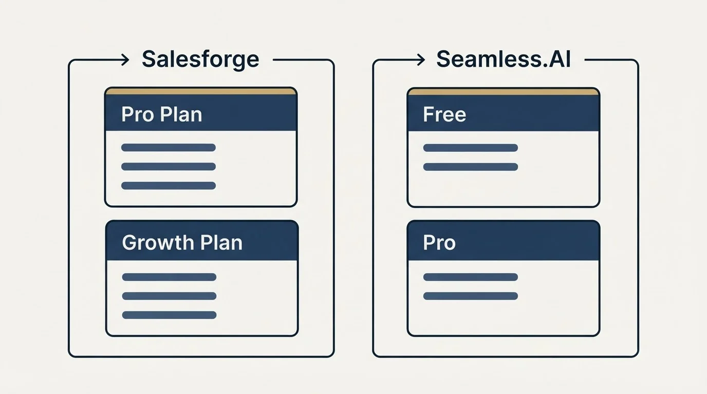 Pricing panels: Pricing Comparison (Salesforge, Seamless.AI, Pro Plan, Free)