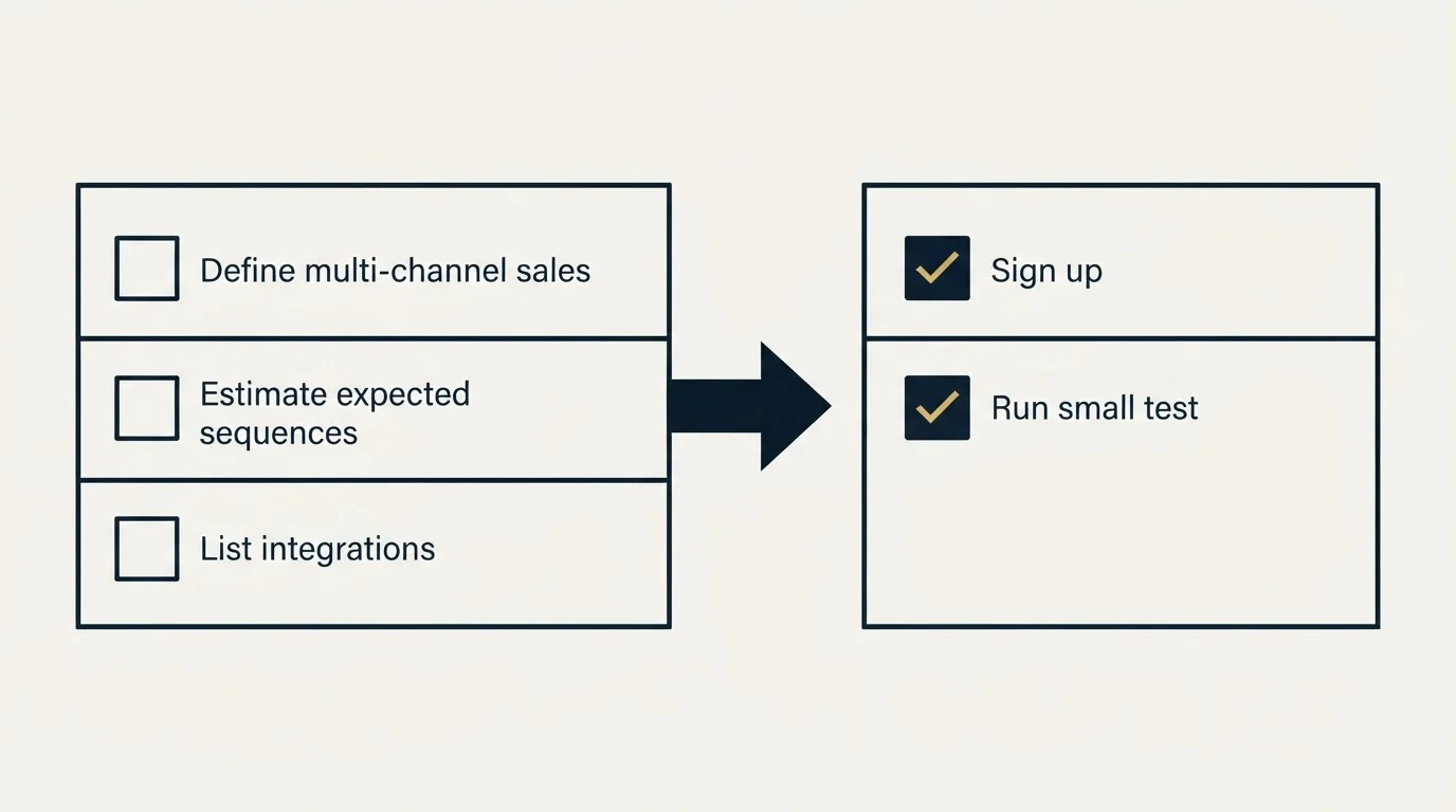 Before-and-after steps: Getting Started Checklist (Define multi-channel sales, Estimate expected sequences, List integrations, Sign up)