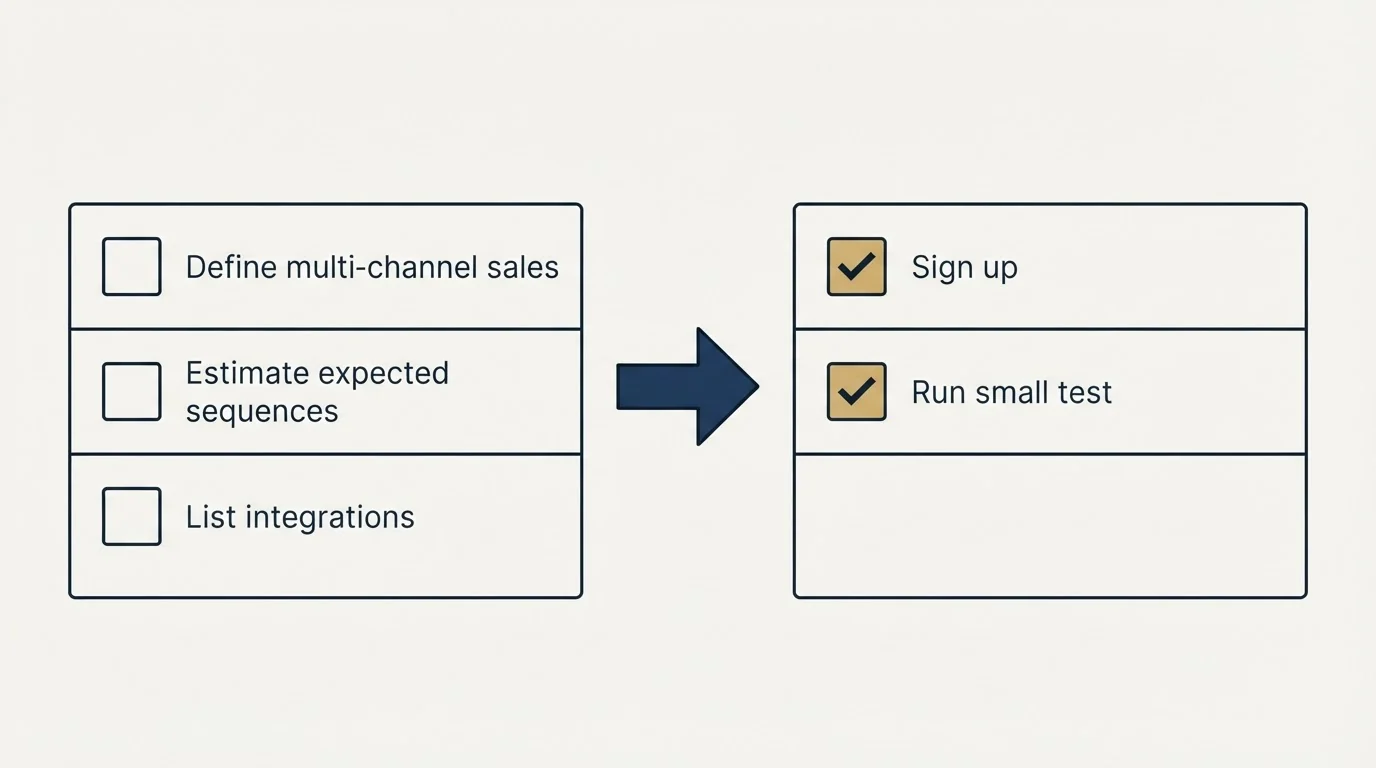 Before-and-after steps: Getting Started Checklist (Define multi-channel sales, Estimate expected sequences, List integrations, Sign up)
