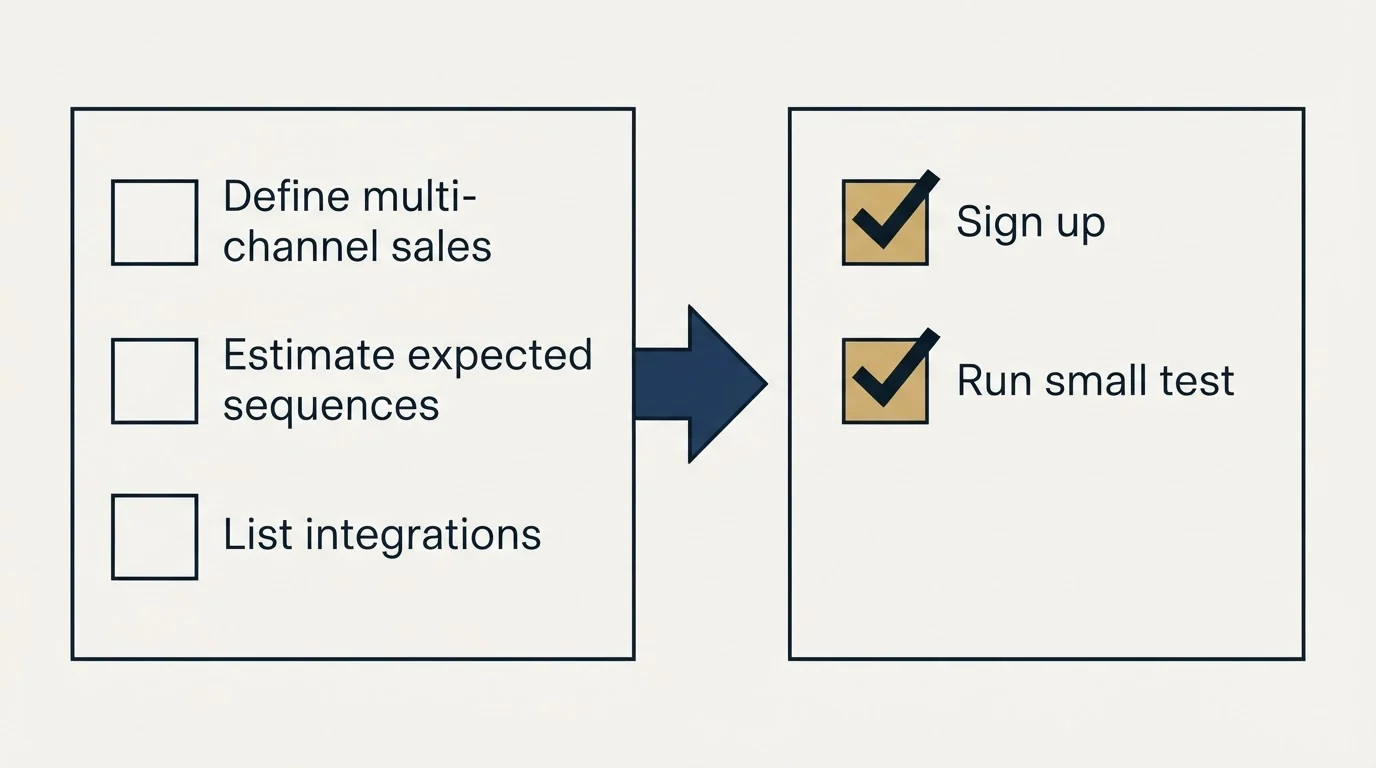 Before-and-after steps: Getting Started Checklist (Define multi-channel sales, Estimate expected sequences, List integrations, Sign up)